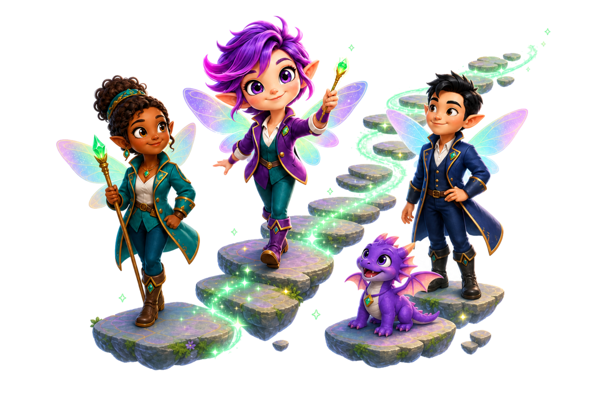 Pixi with a diverse group of fairy friends and a friendly purple dragon