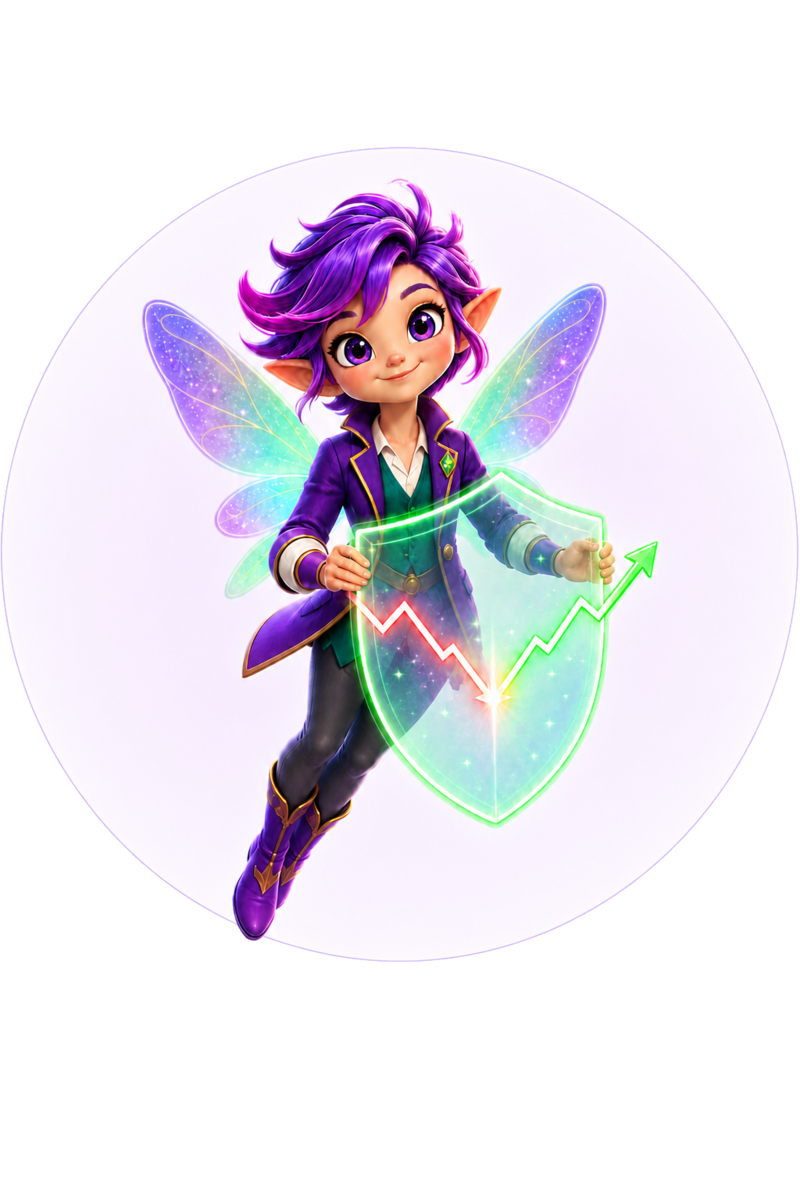 Pixi protecting a trading plan with a glowing shield