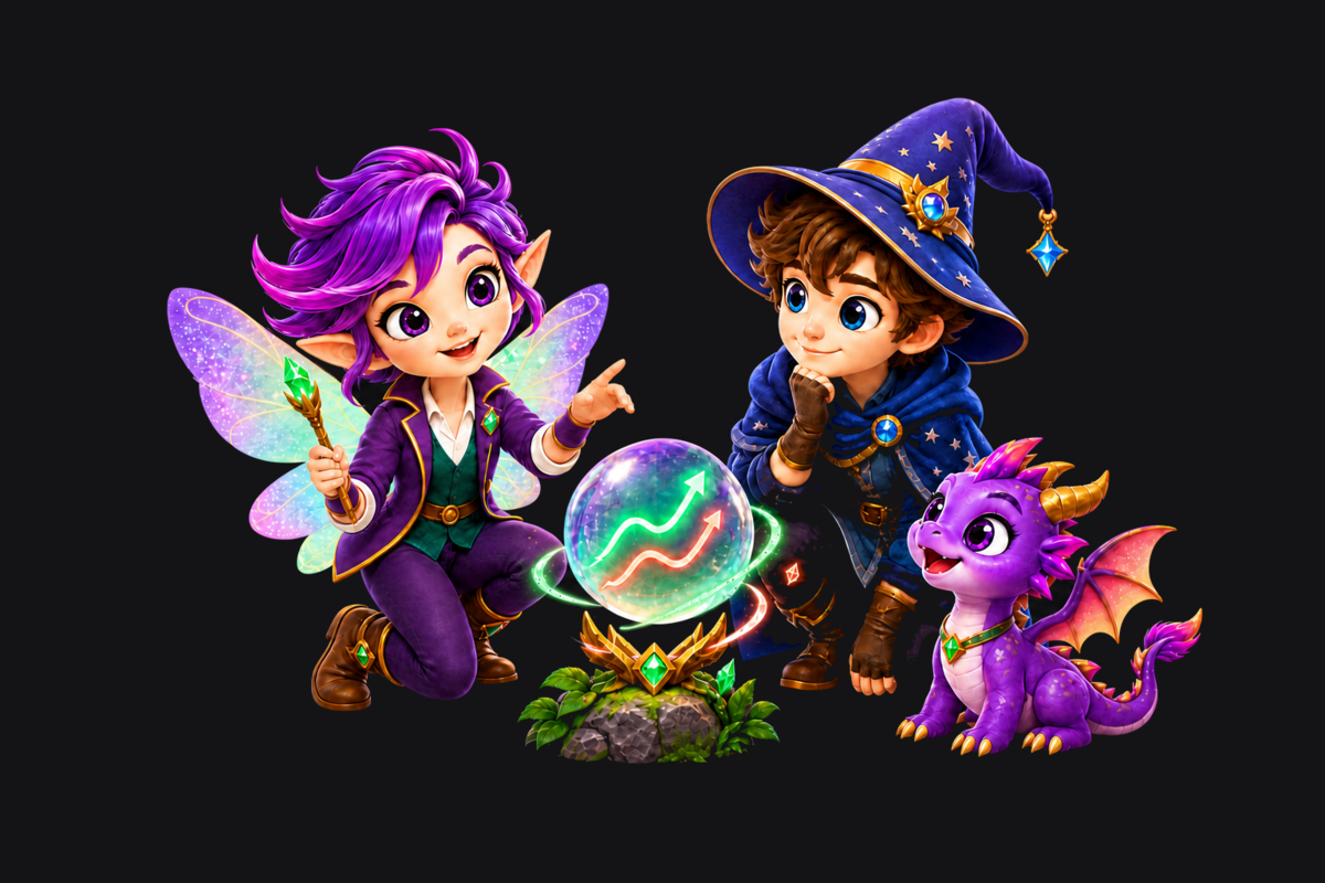 Pixi, a star-speckled wizard, and a friendly purple dragon studying a glowing market orb