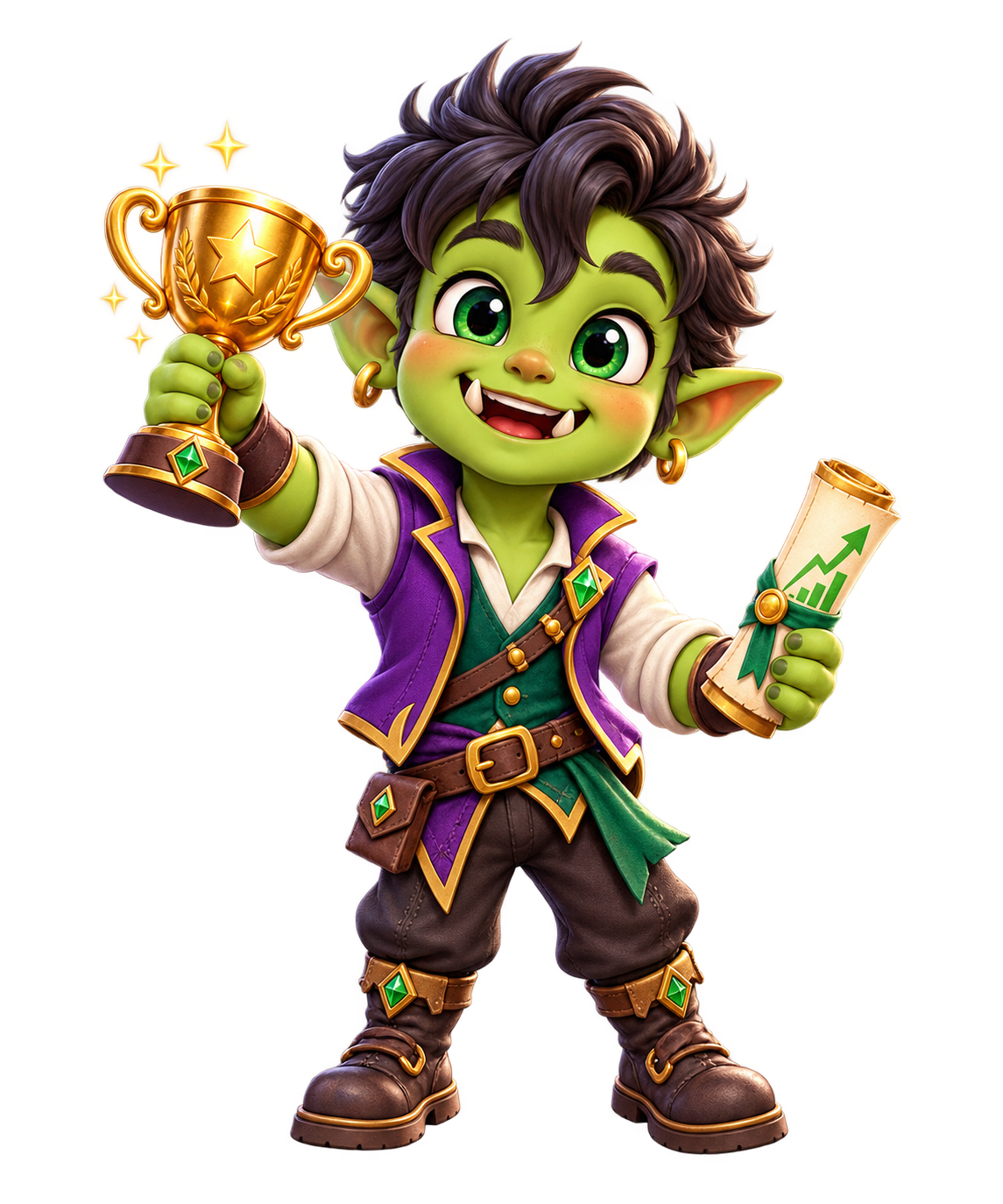 A friendly orc champion holding a Pixi score trophy